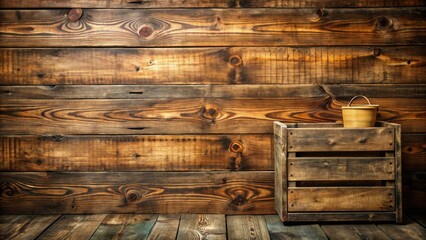 Wall Mural - A Rustic Wooden Crate with a Vintage Metal Bucket on Top Set Against a Weathered Wooden Wall Background