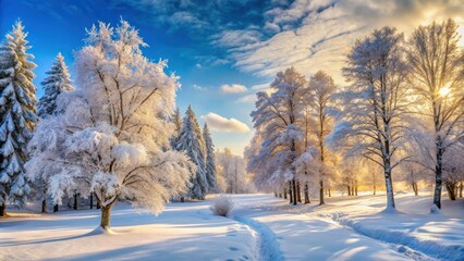 Aufkleber - A winter wonderland with snow-covered trees and a path leading through the forest, bathed in golden sunlight.