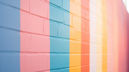 Aufkleber - Colorful pastel stripes painted on brick wall create vibrant and cheerful atmosphere. Pride month activity concept
