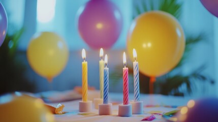 Poster - Colorful birthday table with vibrant balloons and glowing candles creating a festive atmosphere for celebration. Generative AI