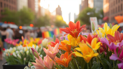 Aufkleber - Vibrant flowers in full bloom at lively outdoor market during sunset, with pride flag in background. Pride month activity concept