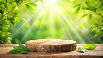 Poster - Wooden Round Tabletop in a Lush Green Forest Setting with Sunlight Streaming Through the Leaves