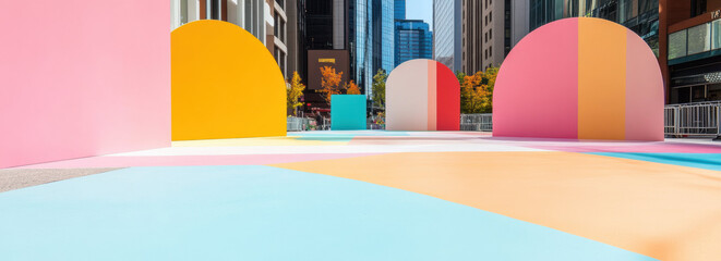 Fototapete - Colorful geometric art installation in urban outdoor setting with vibrant shapes and modern architecture. Pride month activity concept