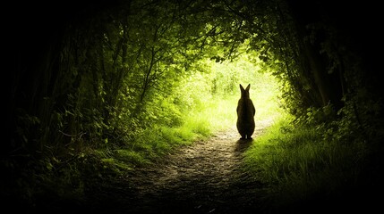 Wall Mural - Silhouette of a Mysterious Rabbit Standing on a Path in a Forest Bathed in an Eerie Green Light