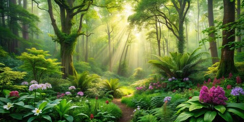 Poster - Sunbeams illuminate a verdant forest floor, dappling the lush foliage with golden light, as vibrant wildflowers bloom in the dappled shade