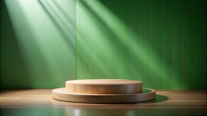 Aufkleber - A two-tiered wooden podium in front of a green wall with soft lighting.