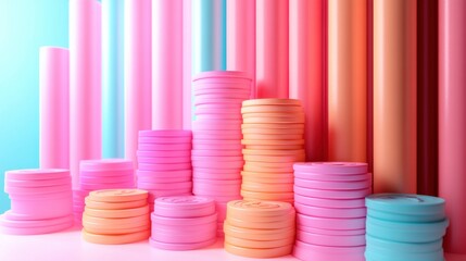 Poster - Colorful rolls and stacks of paper in varying shades of pink and blue create an artistic display, conveying a vibrant and playful atmosphere.