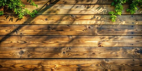 Leinwandbilder - Sunlight filters through leafy branches casting dappled shadows on a rustic wooden surface, highlighting the natural beauty of the wood grain and texture.