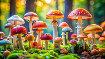 Aufkleber - A vibrant cluster of colorful mushrooms thrives on a bed of moss, bathed in the warm glow of sunlight filtering through the forest canopy.