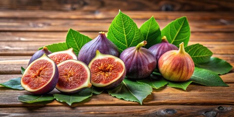 Poster - Freshly Ripe Figs with Green Leaves on Rustic Wooden Surface