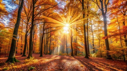 Leinwandbilder - Autumn Forest bathed in Golden Sunlight, Illuminating a Path Through the Trees