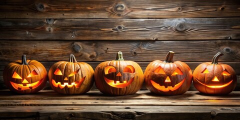 Poster - A row of carved pumpkins with glowing faces against a rustic wooden background, illuminated by a warm, inviting light.