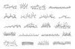 © WinWin - Linear grass doodle. Hand drawn lawn tufts, sketch greenery lines and natural fresh meadow decorative borders. Garden grass patches isolated vector set.