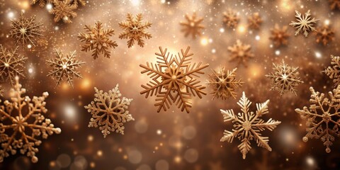 Aufkleber - Golden Snowflakes Glisten and Shimmer against a Blurred Background of Warm Lights and Sparkling Dust