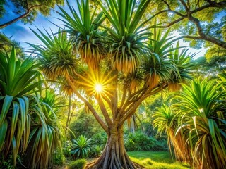 Wall Mural - Majestic Pandanus Tree in Lush Jungle Clearing - Vibrant Green and Yellow Foliage