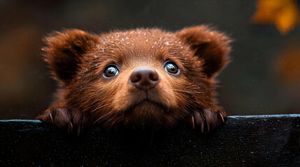 Wall Mural - Cute brown bear cub peeking over fence, autumn leaves background; wildlife, nature, pet