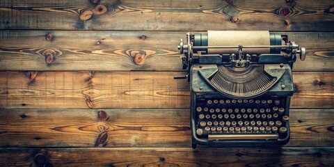 Aufkleber - A vintage typewriter rests on a weathered wooden surface, its keys ready to tell a tale.