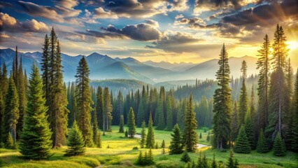 Aufkleber - A breathtaking sunrise illuminates a valley blanketed in emerald green, with majestic mountain peaks rising in the distance, a tapestry of nature's vibrant colors.