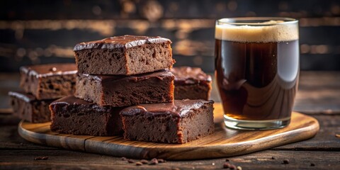 Wall Mural - A stack of rich, fudgy brownies with a smooth chocolate glaze, accompanied by a glass of dark, frothy beverage on a rustic wooden surface.