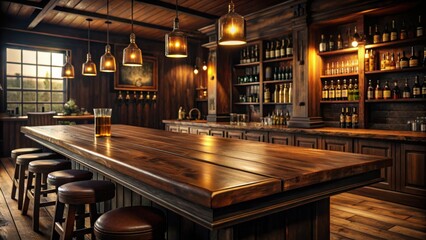 Poster - Warm Lighting Illuminates the Polished Wooden Bartop and Rustic Interior, Inviting Patrons to Gather and Enjoy a Drink