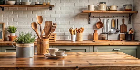 Poster - Rustic Kitchen Countertop with Wooden Utensils, Green Plant, and a White Cup and Saucers