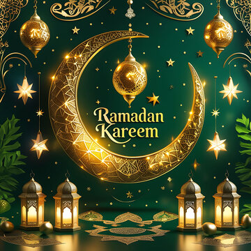 Ramadan celebration featuring illuminated crescent moon and stars