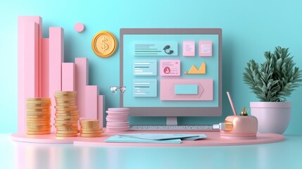 Poster - A modern workspace featuring a pastel-colored monitor, charts, coins, and a plant, creating a stylish and productive atmosphere.