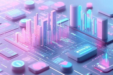 Poster - A vibrant, futuristic digital interface showcasing data visualization with colorful graphs and interactive elements.