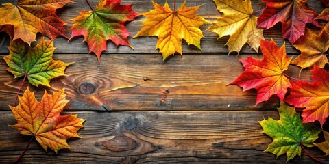 Aufkleber - Autumn leaves arranged around rustic wood with space for text