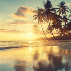 Poster - Sunset over a tranquil beach with palm trees and golden reflections in the water. Generative AI