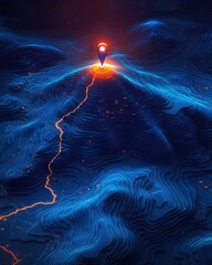Poster - Topographic Map with Glowing Pin Location on Mountain Peak in Blue and Orange Tones