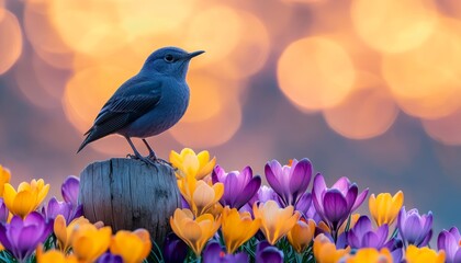 Wall Mural - Bluebird on a perch with a field of yellow and purple crocus flowers during a vibrant sunrise