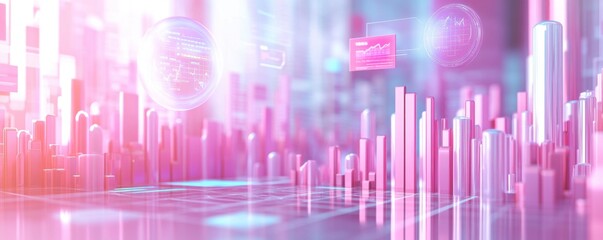 Poster - A futuristic digital landscape with glowing pink skyscrapers and abstract data visuals, suggesting technology and innovation.