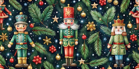 Poster - A Festive Christmas Pattern Featuring Nutcracker Soldiers and Winter Branches, Decorated with Snowflakes, Ornaments, and Holly Berries