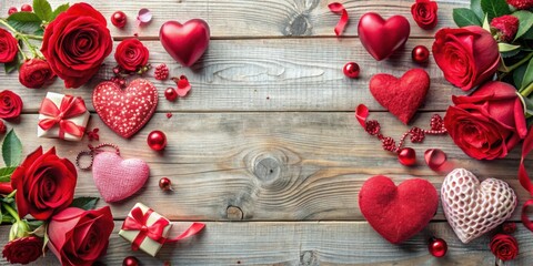 Aufkleber - Romantic Valentine's Day Background with Red Roses, Hearts, and Gifts on Rustic Wooden Plank Surface