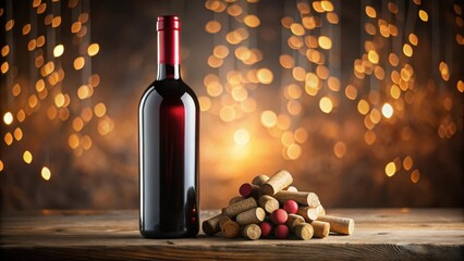 Poster - A bottle of red wine on a rustic wooden table with a pile of corks in the foreground and a blurred background of warm lights.