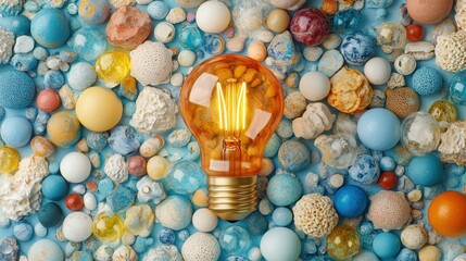 Poster - Light bulb surrounded by brown and white eggs on a vibrant colored background illustration