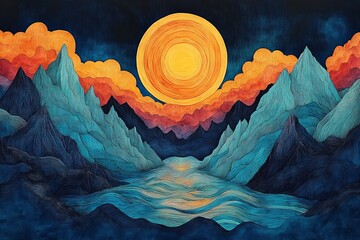 Wall Mural - Colorful landscape with mountains and sun reflecting on water during twilight