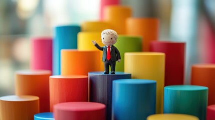 Aufkleber - Small figurine with white head and red tie on colorful stacked cylinders