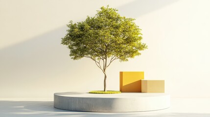 Poster - Stylized tree with green foliage in concrete pot next to a yellow cube on a white surface