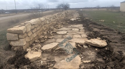 Poster - Stone Pathway Edge with Recently Constructed Retaining Wall in Rural Landscape Scene