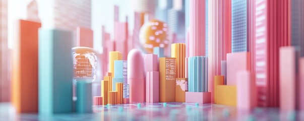 Poster - A vibrant, abstract cityscape featuring colorful geometric structures and a soft, futuristic ambiance.