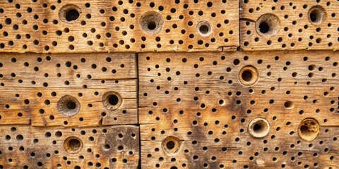 Poster - A close-up shot of weathered wood with circular holes, displaying an intricate pattern of nature and time's passage.