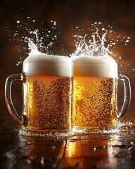 Poster - Two Refreshing Beer Mugs Toasting Together with Splashing Liquid on a Wooden Table