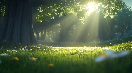 Wall Mural - Sunlight in a Forest Meadow with Wildflowers in Full Bloom Serene Natural Environment at Dawn