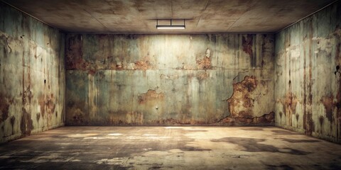 Aufkleber - A dimly lit room with peeling paint and chipped concrete walls, revealing a forgotten history. The floor is covered in dust and debris, adding to the sense of neglect and abandonment.