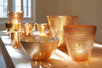 Sticker - Golden glass bowls and vases displayed on a table, sunlit gallery