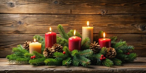 Aufkleber - A Festive Arrangement of Burning Candles Adorned with Pine Branches and Pinecones, Illuminating the Rustic Wood Background