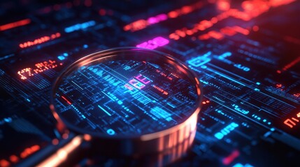 Poster - Magnifying glass on circuit board with digital kyc verification virtual icons concept