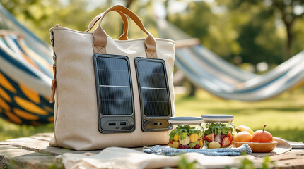Aufkleber - A tote bag with a solar panel on it, placed on a cloth beside a plate of fruits and jars. In the background, there's a hammock, and the scene is set outdoors with a blurred background.